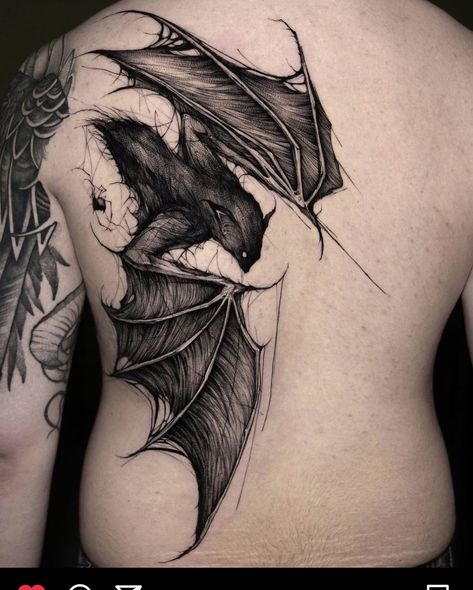 Demon Bat Tattoo, Creepy Bat Tattoo, Bat Tattoo Blackwork, Bat Shin Tattoo, Goth Bat Tattoo, Dark Bat Tattoo, Bat Wings Tattoo On Back, Black Bat Tattoo, Realistic Bat Tattoo