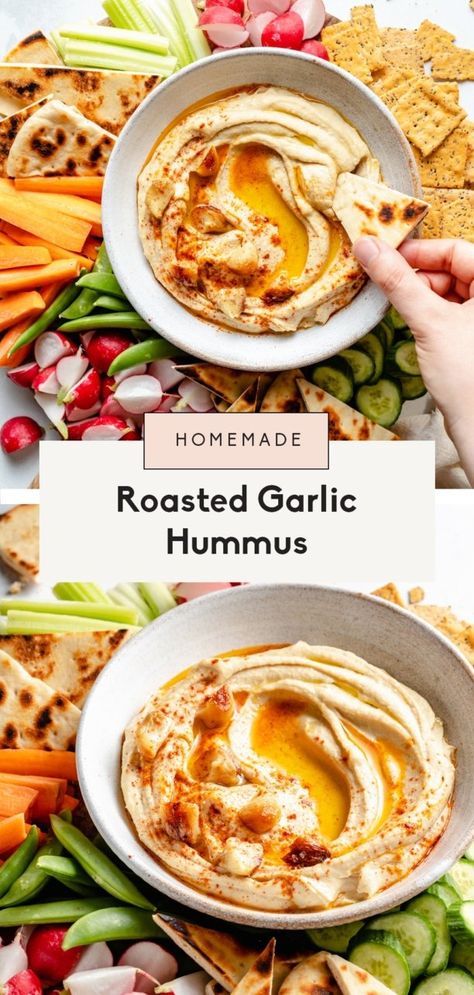 Chicken Schwarma, Roasted Garlic Hummus Recipe, Garlic Hummus Recipe, Roasted Garlic Hummus, Hummus Recipe Homemade, Garlic Hummus, Easy Salad Dressing, Ambitious Kitchen, Morning Snack