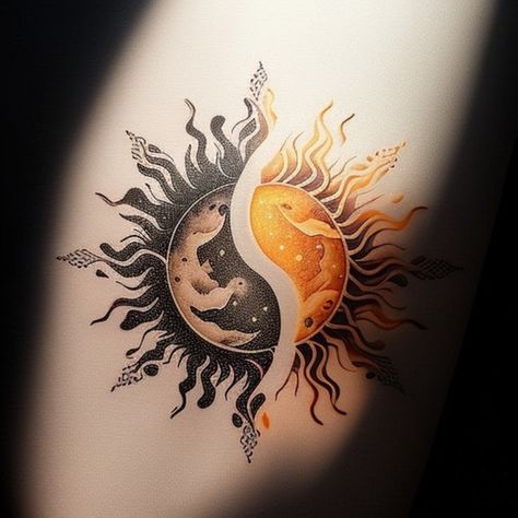 Hand Tattoos Sun And Moon, Sun Moon And Stars Painting, Sun Tattoo With Color, Polarity Tattoo, Sun And Moon Ying Yang Tattoo, Sun Cover Up Tattoo, Moon Design Tattoo, Cool Sun Tattoos, Moon And Sun Tattoo Designs