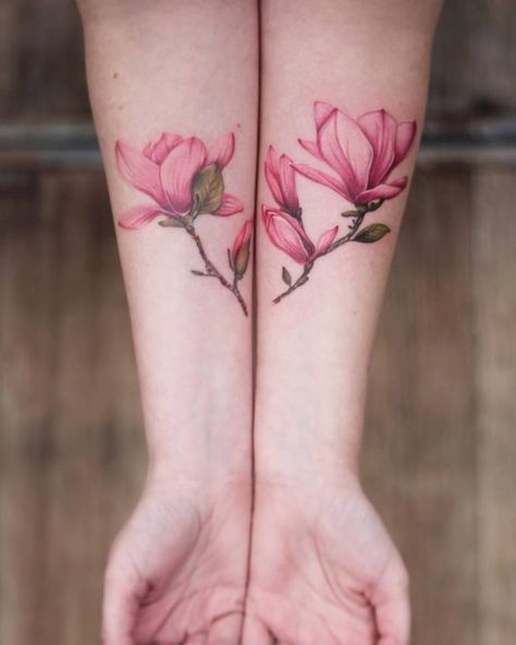 Magnolia Tattoo by cindyvanschie Magnolia Tattoos, Violet Flower Tattoos, Botanisches Tattoo, Botanical Tattoo Design, Magnolia Tattoo, Flower Tattoo Meanings, Watercolor Tattoo Flower, Disney Tattoo, Floral Tattoo Design