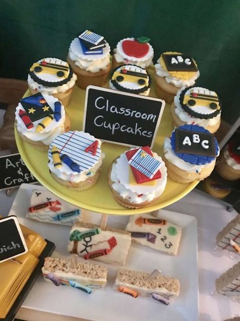 Everyone loves a cupcake and these cupcakes are so much fun for a preschool or kindergarten graduation. Each one is decorated with a school-inspired fondant topper. They look fantastic set up on a plate on a dessert table! See more party ideas and share yours at CatchMyParty.com #catchmyparty #partyideas #quarantinegraduation #graduation #classof2021 #drivebygraduation #graduationpartyideas #kindergarten #preschool #cupcakes Kindergarten Cupcakes, Kindergarten Graduation Cake, Teacher Cupcakes, Deco Cupcake, School Cupcakes, Kindergarten Graduation Party, Teacher Cakes, School Cake, Cupcake Images