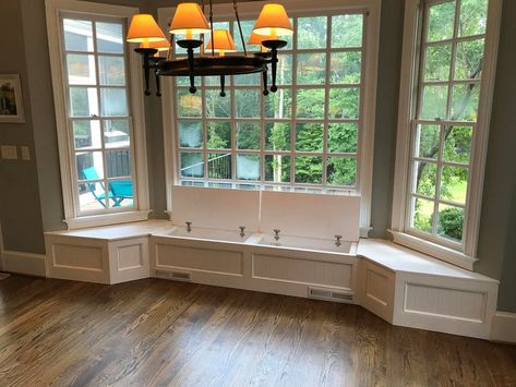 Banquette Bench for a Bay Window kitchen seating shaped | Etsy Window Kitchen Seating, Bay Window Kitchen, Bench Nook, Bay Window Seating Kitchen, Kitchen Bookcase, Bay Window Benches, Seating In Kitchen, Bay Window Living Room, Kitchen Bay Window