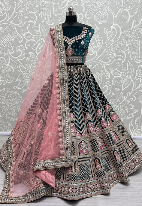 Embroidered Velvet Lehenga in Teal Blue Velvet Lehenga Choli, Lehenga Pink, Velvet Dupatta, Net Lehenga Choli, Dori Work, Bridesmaid Lehenga, Velvet Lehenga, Bridal Lehenga Designs, Reception Lehenga