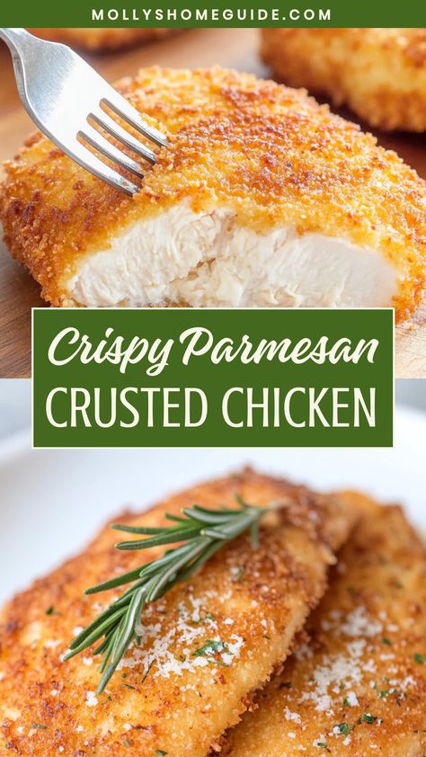 Discover the perfect weeknight meal idea with this delicious Parmesan-crusted chicken recipe. Crispy on the outside, juicy on the inside, this dish is a crowd-pleaser. The combination of savory Parmesan cheese and tender chicken will leave your taste buds craving more. With just a few simple ingredients and easy steps, you can have dinner on the table in no time. Pan Fried Parmesan Crusted Chicken, Breaded Chicken Breast Oven, Crispy Chicken Breast Recipes, Parmesan Crusted Chicken Oven, Chicken Fillet Recipes Easy, Chicken Breast Dinner Ideas Easy, Parmesan Crusted Chicken Baked, Recipes For Chicken Breast, Parmesan Crusted Chicken Breast