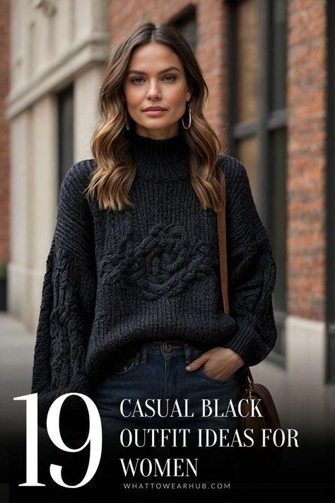 Winter Outfits Black Sweater, Black Shirt Outfit Winter, Black Sweater Black Jeans, Black Jeans Outfit Winter Work, How To Style A Black Sweater, Black Sweater Outfit Casual, Black Sweater Outfit Ideas, Black Sweater And Jeans Outfit, Black Jeans Outfits For Women