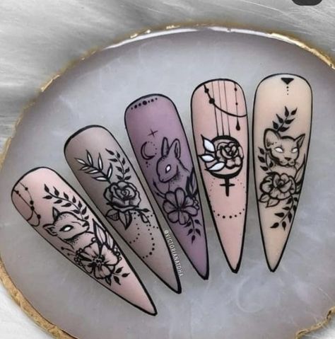 Nail Art Inspo Witchy, Nail Artist Outfit, Matte Witchy Nails, Persephone Nail Art, Witchy Nails Coffin Shape, Subtle Goth Nails, Forest Witch Nails, Goth Nail Art Designs, Occult Nail Art