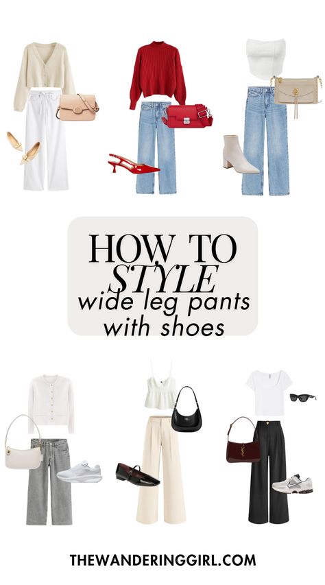 Save this pin for wide leg pants with shoes, wide leg pants with sneakers, wide leg jeans with shoes, flats with wide leg pants, shoes for black wide leg pants, sandals for wide leg pants, wide leg pants with vans, wide leg pants with new balance, wide leg yoga pants shoes, shoes for wide leg cropped pants, how to style wide leg pants with shoes, what to wear wide leg pants with shoes, and more! Tap to learn how to slay wide leg pants with shoes here! Wide Leg Loose Pants Outfit, What To Wear Wide Leg Pants With, Shoes With Wide Leg Pants Fall, Shoes For Wide Leg Pants Winter, Shoes For Wide Leg Trousers, High Rise Wide Leg Pants Outfit, What To Wear With Flare Pants, Wide Leg Navy Pants Outfit, Wide Leg Ankle Pants Outfit