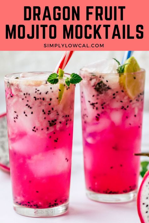 Dragon Fruit Punch, Dragonfruit Mojito, Dragon Fruit Drinks, Dragon Fruit Drink Recipes, Fruit Mocktail Recipe, Dragon Fruit Mojito Recipe, Dragonfruit Mocktail, Pitaya Recipes, Dragon Fruit Mocktail Recipe