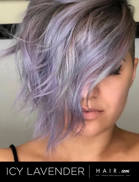 Lavender Grey Hair Short, Lilac Highlights Blonde Short Hair, Lavender Pixie Hair, Colors For Tan Skin, Hair Colors For Tan Skin, Short Lavender Hair, Silver Lavender Hair, Lavender Grey Hair, Hair Color For Tan Skin