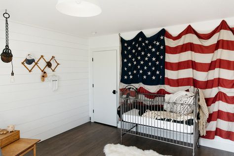 Vintage Patriotic Nursery, Red And White Nursery, American Flag Nursery, Red White And Blue Nursery, Americana Nursery Boys, Vintage Americana Nursery, America Nursery, Target Blanket, Americana Nursery