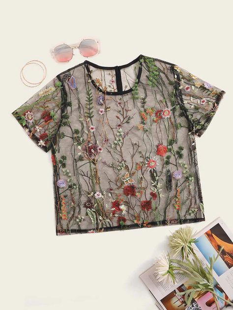 Floral Embroidery Mesh Tee | SHEIN USA Sheer Mesh Top, Backless Crop Top, Fashion Tops Blouse, Pantalon Large, Shein Style, Sheer Fabrics, Floral Shirt, Fashion Tops, Women's Tops