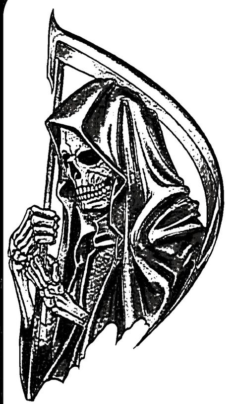 Lady Grim Reaper Drawing, Grim Reaper Side View, Traditional Grim Reaper Tattoo Flash, Rashomon Tattoo, Grim Reaper Art Drawings, Gream Reaper Tattoo, Trad Skull Tattoo, American Traditional Skeleton, Tattoo Grim Reaper