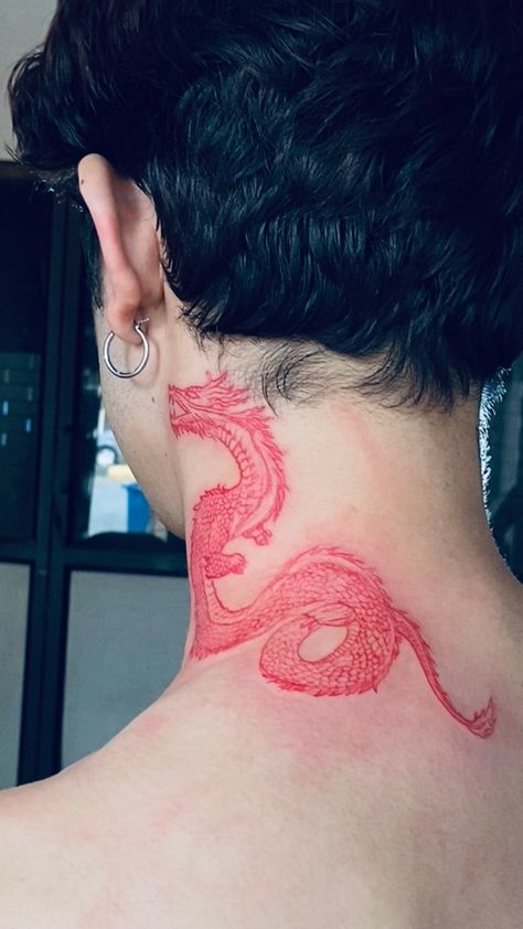 Red Neck Tattoo Men, Red Japanese Tattoo, Dragon Neck Tattoo, Dragon Tattoo Neck, Side Arm Tattoos, Dragon Tattoo Meaning, Dragon Tattoo Ideas, Red Dragon Tattoo, Dragon Tattoos For Men