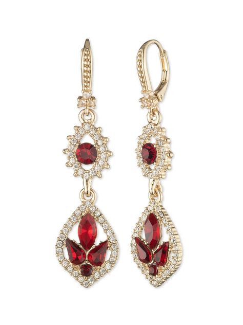 The Poised Red Midi Drop Earring is a drop earring featuring a pavé droplet hoop. At the center sits a grouping of red stones. The statement earrings are gold plated with a gold tone and gold hardware. Red And Gold Earrings, Ruby Earrings Indian, Jewellery Organization, Golf Jewelry, Gold Statement Jewelry, Marchesa Fashion, Fashionable Accessories, Red Jewel, Red Stones