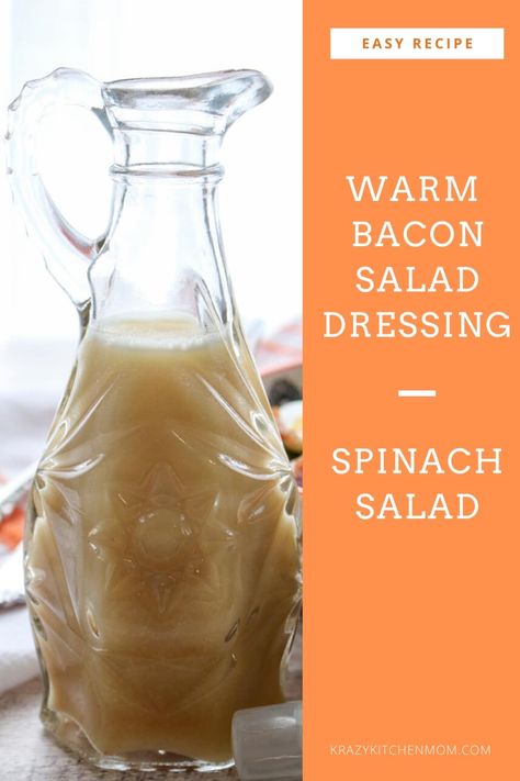 Spinach Salad with Warm Bacon Dressing is a classic salad made with a vinaigrette that uses bacon drippings instead of oil.  via @krazykitchenmom Vinegrette Salad Dressing, Vinegrette Recipe, Spinach Salad Dressing, Oil Vinegar Dressing, Warm Bacon Dressing, Bacon Dressing, Classic Salad, Salad Dressing Recipes Homemade, Vinegar Dressing