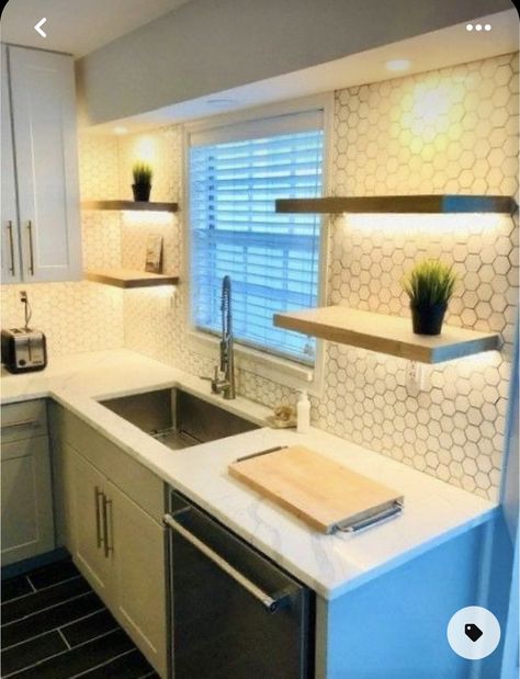 Shelves With Lights, Kitchen Soffit, Floating Kitchen, Kitchen Floating Shelves, Basement Reno, Basement Kitchen, Small Basements, Open Kitchen Shelves, Basement House