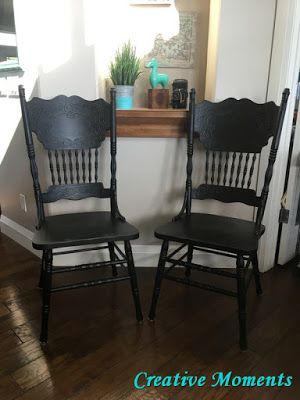 Another set of Coal Black Press Back Chairs Oak Pressed Back Chairs Makeover, Pressed Back Chairs Makeover, Press Back Chair Makeover, Painted Pressed Back Chairs, Farmhouse Chairs Diy, Paint Chairs Black, Black Chalk Painted Furniture, Press Back Chairs, Pressed Back Chairs