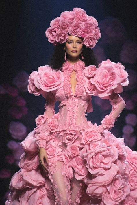 Flower Couture Dress, Fashion Inspired By Flowers, Flowers In Fashion, Floral Fashion Runway, Gaudy Fashion, Catwalk Dress, Mode Rose, Runway Fashion Couture, Fancy Dress Design