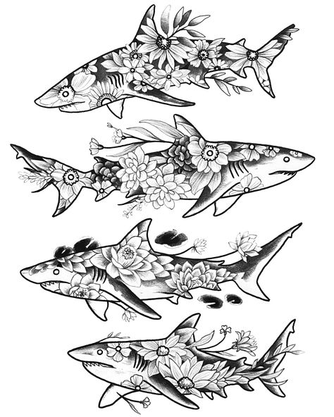 Epic Shark Tattoo Ideas 🦈 See some fresh new flash and some already tattooed examples, awesome on their own or as a park of an ocean scene 💖 aaaand versatile as far as placement goes 👍 #sharktattoo #sharktattoos #tattooflashart #tattooideas #illustrationtattoo Girly Shark Tattoo, Shark Tattoo Thigh, Shark Tattoo Women, Shark Tattoo Cute, Floral Shark Tattoo, Cute Shark Tattoo, Tiger Shark Tattoo, Shark Tattoo Ideas, Whale Shark Tattoo