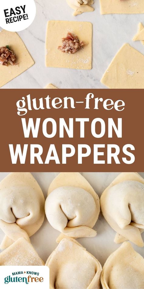 Gluten-Free Wonton Wrappers are perfect for wonton soup or dumplings! This easy, homemade recipe ensures you can enjoy your favorite Chinese dishes without the gluten. Pop over to my site for this easy gluten free recipe! Gluten Free Dairy Free Dumplings, Gluten Free Wonton Wrappers Recipes, Gluten Free Wonton Soup, Gluten Free Soup Dumplings, Gluten Free Wraps Ideas, Gluten Free Wontons, Gluten Free Dumplings Recipe, Easy Gluten Free Appetizers, Gluten Free Dumpling