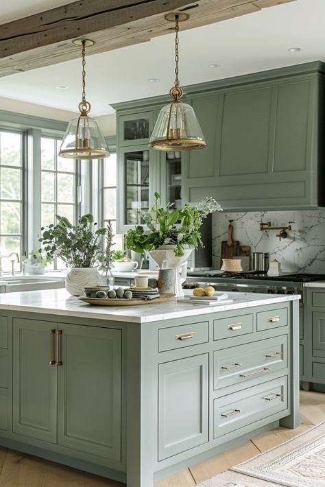 Sage Green Kitchen Island, Sage Green Cabinets Kitchen, Green Cabinets Kitchen, Quartzite Kitchen Island, Sage Green Cabinets, Green Kitchen Island, Grey Kitchen Island, Sage Green Kitchen, Purple Kitchen