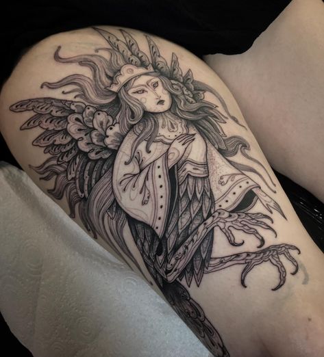 Freehand Slavic-inspired harpy/sirin for the extremely talented @e.j.parkes - check out her textile work !✨ made at @parliamenttattoo Griffon Tattoo, Harpy Bird, Sphinx Tattoo, Russian Tattoo, Engraving Tattoo, Folk Pattern, Witch Tattoo, Bird Wings, Dark Tattoo