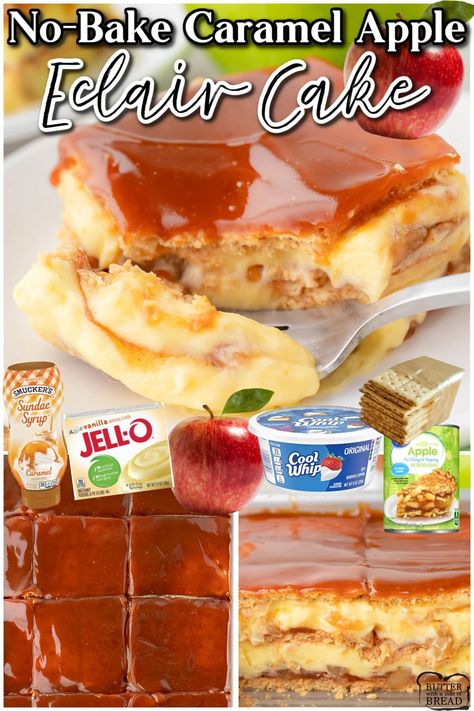 Apple Eclair Cake, Apple Eclair, No Bake Oreo Cake, Easy Apple Pie Filling, Spiced Apple Pie, Caramel Apple Cake Recipe, Baked Caramel Apples, Eclairs Dessert, Desert Bars