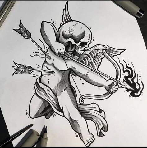 Cherubs Tattoo, Gotik Tattoo, Cupid Tattoo, 16 Tattoo, Cherub Tattoo, Tattoo Posters, Gangsta Tattoos, Tattoo Outline Drawing, Sketch Tattoo Design