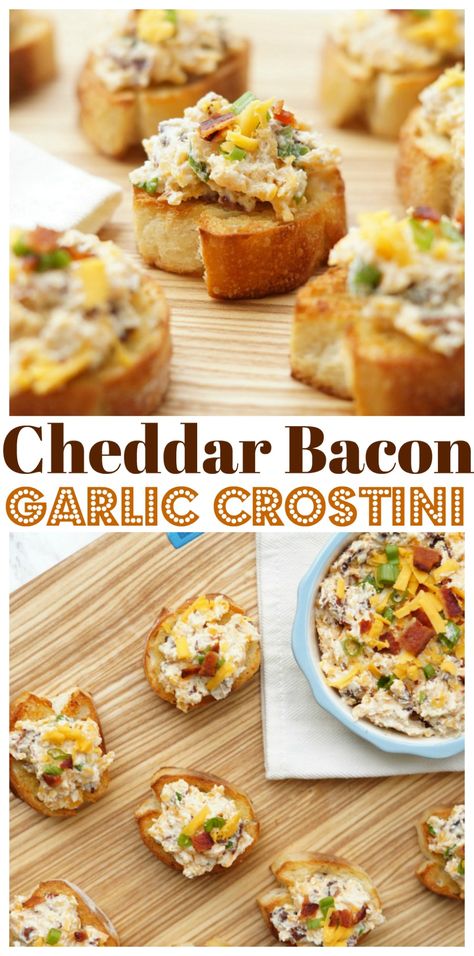 Cheddar Bacon Garlic Crostini Cream Cheese Baguette, Mini Crostini Appetizers, Dips With Crostini, Easy Crostini Appetizers, Baguette Appetizer Ideas, Crustini Appetizers Summer, Baguette Recipe Appetizers, Crustini Appetizers Fall, New Years Eve Snacks Appetizers