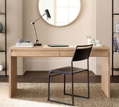 Pacific 60" Desk with Drawers | Pottery Barn Oak Desk Office, Cb2 Desk, Modern Work Desk, Floating Desk With Drawers, Japandi Desk, Minimalist Desk Design, White Oak Desk, Natural Wood Desk, Japandi Furniture