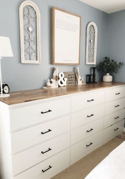 a large sideboard made of several Malm dressers with black handles and a single light stained countertop Dresser Top Ideas, Dresser Makeover Diy, Malm Hack, Malm Chest Of Drawers, Ikea Dresser Hack, Ikea Farmhouse, Reka Bentuk Bilik Tidur, Ikea Malm Dresser, Malm Dresser