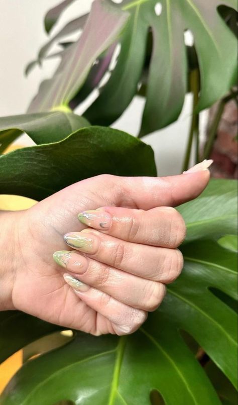 green aura affect nails with chrome details and pearls Green Transparent Nails, Square Nails Green, Pale Green Nails, Green Aura Nails, Nails With Chrome, Aura Nail, Green Aura, Franklin Bbq, Prom 2023