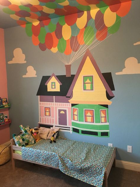 Ellie's Pixar Up themed nursery turned big girl room.  Repainted at our new house. Disney Up Bedroom Ideas, Up Themed Bedroom, Up Room Decor Disney, Pixar Up Nursery, Disney Up Nursery, Pixar Room Ideas, Pixar Themed Bedroom, Pixar Nursery Theme, Up Decorations Pixar