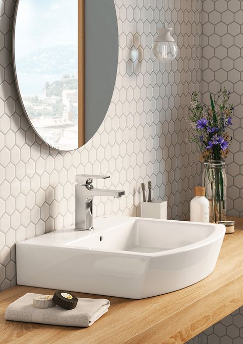 CC Mosaics tiles. Glazed Porcelain - Roca Tile USA Hexagon Mosaic Tile Bathroom, Hexagonal Tiles Bathroom, White Hexagon Tile Bathroom, Mosaic Tile Bathroom Wall, Mosaic Tile Bathroom, Hexagon Tile Bathroom, White Hexagon Tiles, Mosaic Bathroom Tile, Tiles Ideas