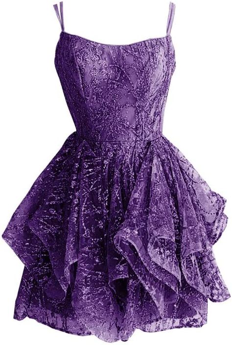 Dresses Ruffles, Prom Dress Short Lace, Homecoming Dresses For Teens, Purple Homecoming Dress, Ruffle Prom Dress, Homecoming Dresses Lace, Short Homecoming Dresses, Dress Spaghetti Straps, Spaghetti Strap Prom Dress