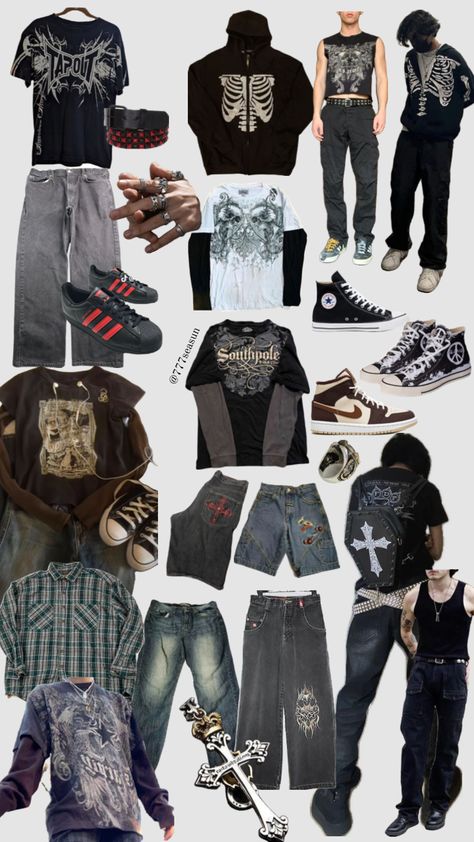 @777seasun Dark Y2K men’s mega look #outfitinspo #maleoutfit #guysfashion #mensfashion #y2k #emo #edgy #emocore #vibes #outfitinspo #90s #grunge #darkaesthetic Y2k Outfits Winter, Pfp Y2k, Dark Y2k, Y2k Outfits Men, Grunge Fits, Winter Y2k, Cooler Style, Y2k Men, Y2k Emo