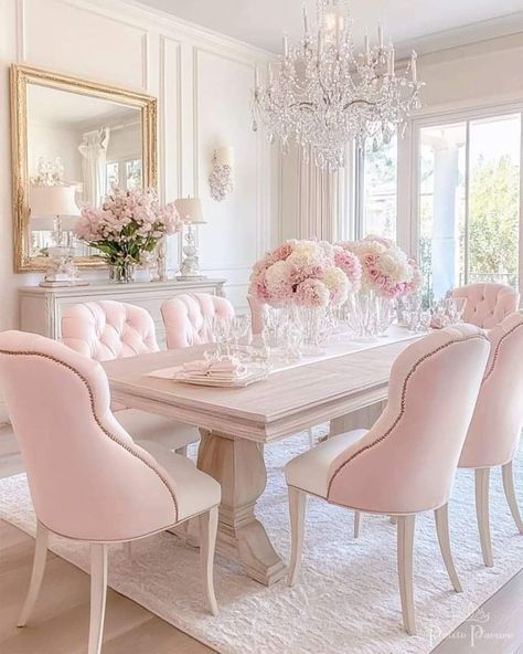 Blush Pink Dining Room, Feminine Dining Room, Pink Dining Room Decor, English Style Decor, Rustic Glam Home, Pink Dining Room, Pink Dining Rooms, Pink Feminine, Pink Furniture