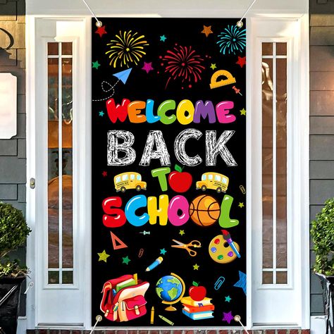 PRICES MAY VARY. package includes: the back to school decorations come with 1 pc welcome back to school door cover and a 19.6ft string, the back to school party decorations door cover has an eye-catching design and size 6x2.9ft(180 x 90 cm/ 70.8 x 35.4 inches), the first day of school banner for door will create a fun atmosphere vibe, which is perfect for celebrating back to school party with your friends together excellent design: the back to school decorations for classroom feature first day o First Day Of School Decorations, Welcome Back To School Banner, Back To School Decorations, Back To School Door, Back To School Banner, School Door Decorations, School Doors, Back To School Party, Office Decorations