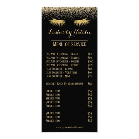 Eyelash Price List, Black And Gold Salon, Eyelash Extensions Prices, Gold Salon, Eyelash Extensions Classic, Price List Design, Salon Price List, Esthetician Marketing, Esthetician Room