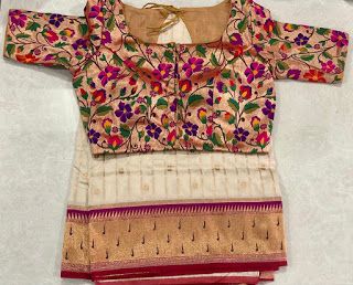 Paithani Blouse Design, Blouse Design Aari Work, Paithani Blouse, Saree Paithani, Kora Sarees, Blouse Maggam Work, Brocade Blouses, Aari Work Blouse, Elegant Blouse Designs