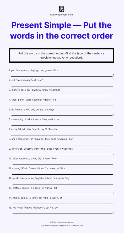 Present Simple Key Words, Put The Sentences In Order, Simple Present Tense Negative Worksheets, Sentence Order Worksheets, English Tenses Worksheets, Present Tense Worksheets With Answers, Simple Present Tense Questions, Present Simple Negative Worksheets, Unscramble Sentences Worksheets