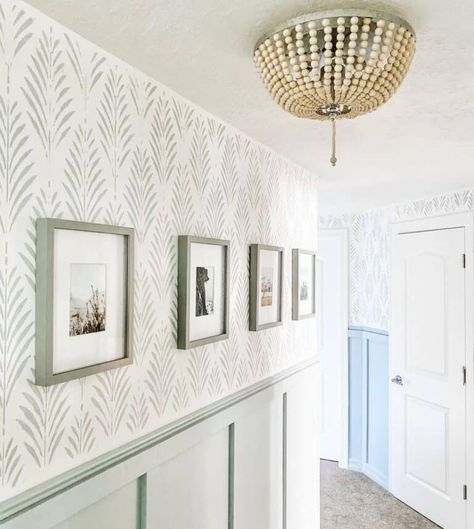 Half Wallpaper, Half Wall Ideas, How To Wallpaper, Hallway Ceiling Lights, Hallway Ceiling, Thrifted Decor, Hallway Light Fixtures, Elegant Entryway, Board And Batten Wall