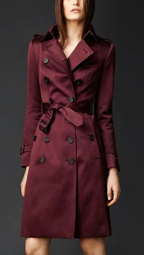 Burgundy/Wine/Maroon colored trench rain coat Burgundy Trench Coat, Bell Sleeve Coat, Raincoat Outfit, Trench Coat Outfit, Burberry Coat, Yellow Raincoat, Trench Coat Style, Coat Outfit, Long Trench