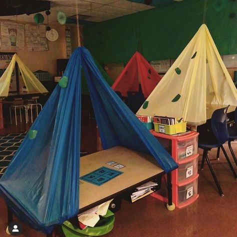 Jamie & Kelly on Instagram: “Looking for a camping theme, room transformation. We love how @teachingtruly used table clothes from @dollartree to make tents ⛺️ for her…” Classroom Tent, Room Transformation Classroom, Transformation Classroom, Jamie Kelly, Eoy Activities, Classroom Camping, Camping Preschool, Camping Theme Preschool, Camping Room