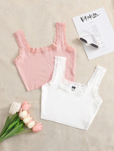 SHEIN 2pcs Lace Trim Crop Cami Top | SHEIN USA Crop Top Aesthetic, Tops Shein, Simple Style Outfits, Trench Coat Outfit, Crop Cami Top, Crop Top And Leggings, Classy Dress Outfits, Women Tank Tops, Cute Crop Tops