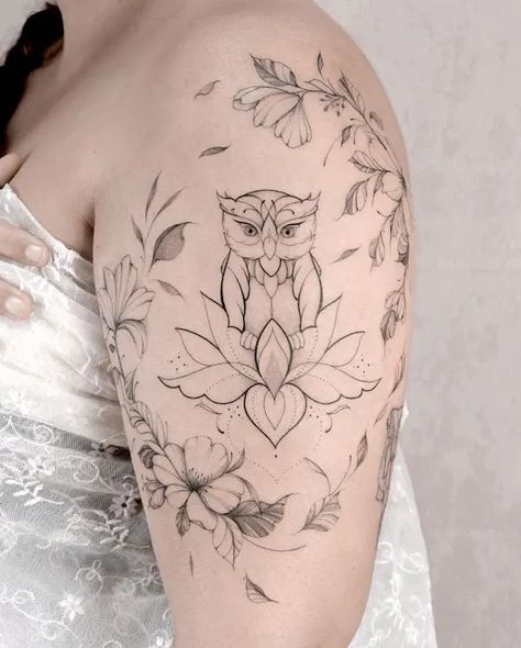 Owl Tattoo On Shoulder, Owl And Lotus Tattoo, Owl Lotus Tattoo, Lotus Tattoo For Women, Owl Flower Tattoo, Owl And Flower Tattoo, Fine Line Owl Tattoo, Maya Tattoo, Mens Owl Tattoo