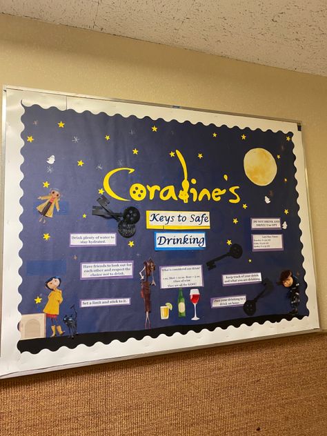 I turned mh favorite halloween movie to an educational board to be featured in my resident hall✨🔮🐈‍⬛🖤 October Door Decs, Resident Assistant Aesthetic, Coraline Bulletin Board, Ra Birthday Board, Halloween Bulletin Boards For College, Halloween Ra Bulletin Boards, Ra Where Am I Board, Halloween Bulletin Board Ideas, Movie Bulletin Boards