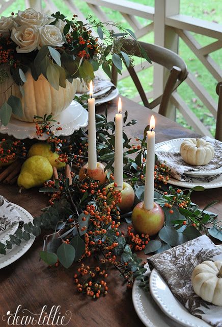 An Easy and Inexpensive Autumn Table Setting with a Pumpkin Vase and Apple Candle Holders - Dear Lillie Studio Autumn Table Setting, Apple Candle Holders, Autumn Tea Party, Apple Candle, Halloween Tea Party, Beeswax Candles Diy, Pumpkin Vase, Dear Lillie, Autumn Tea