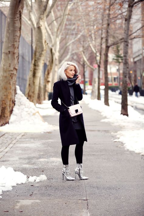 I love this look so much! It's my classic look with a bold shoe addition and enough layers to survive the snow! Gold Boots Outfit, Metallic Boots Outfit, Silver Leather Jacket, Boots Outfit Ideas, Silver Ankle Boots, Neon Prom Dresses, Coated Leggings, Boots Outfit Ankle, Black Flare Pants