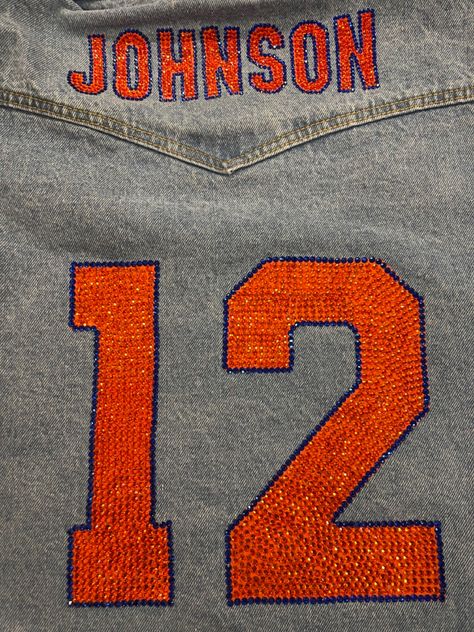 Football Jean Jacket Girlfriend, Rhinestone Jacket, Rhinestone Football, Football Girlfriend, Rhinestone Jeans, Custom Jean Jacket, Concert Attire, Cute Boyfriend Gifts, Football Game Outfit